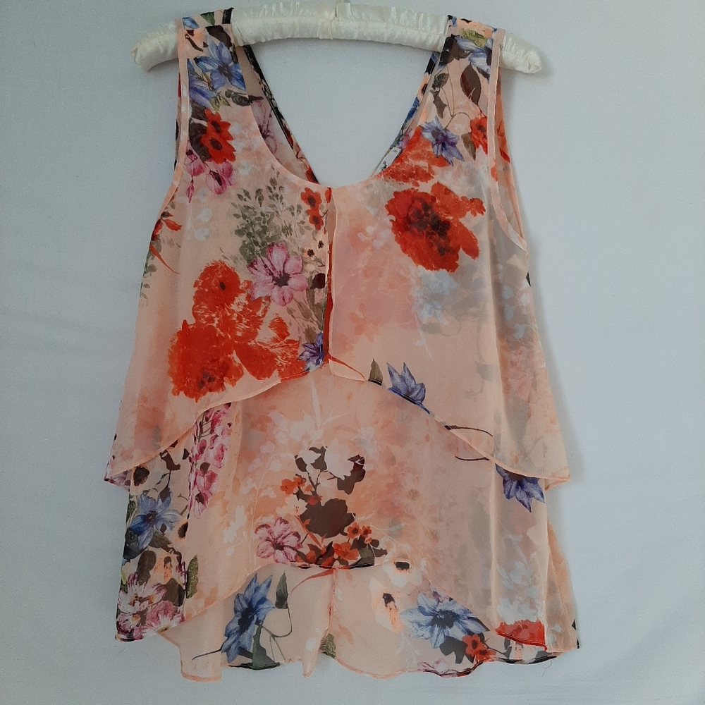 Floral Peach Chiffon Sleeveless Blouse